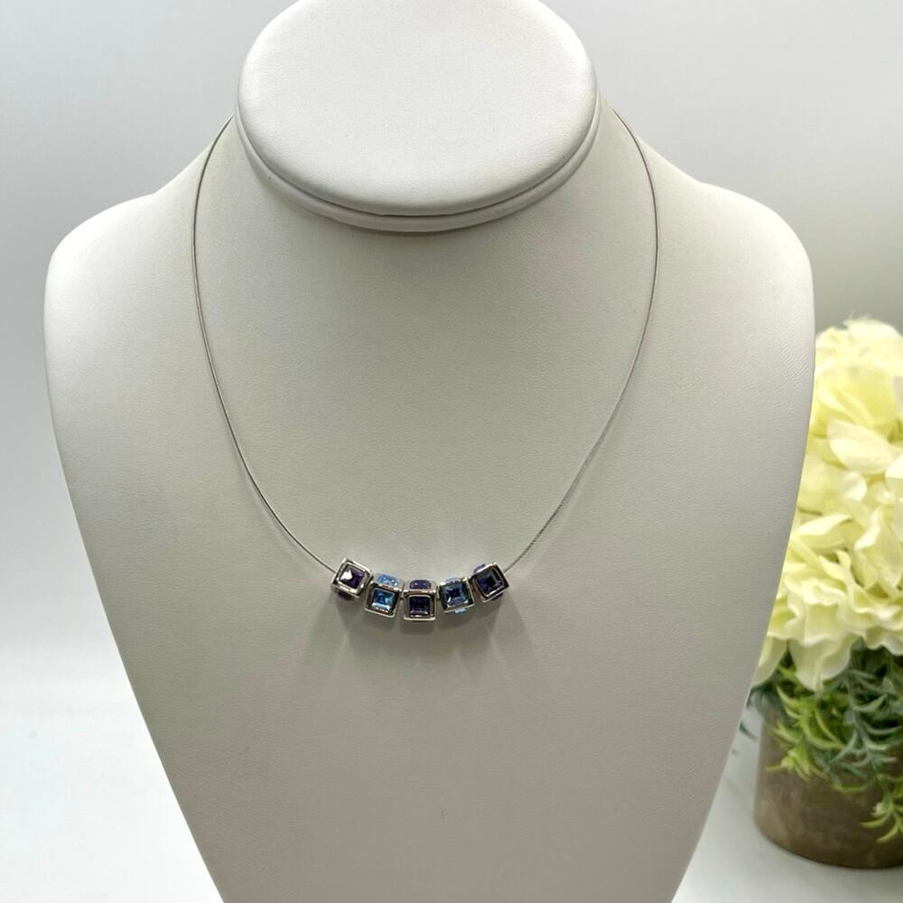 Swarovski Signed Swan Blue‎ and Purple Crystal Cubes on Chain Necklace